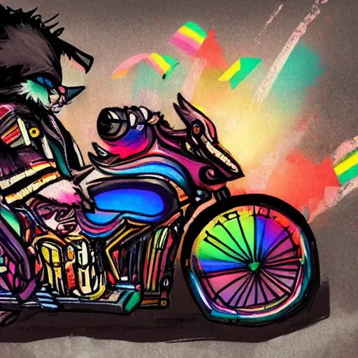 Image similar to wide angle full body, jacket wearing fluffy cute rainbow kitten wearing a black leather motorcycle jacket, riding on a motorcycle, cinematic concept art