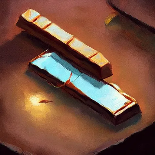 Image similar to a fish laying on top of a chocolate bar. soft, atmospheric, warm lighting. highly detailed digital painting by mandy jurgens.