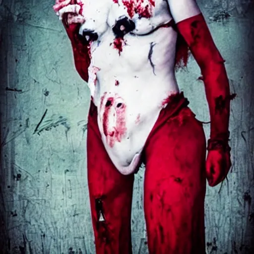 Prompt: joker cosplay, creepy, disturbing, bloody, femenine body, grainy, beautiful - h 7 6 8