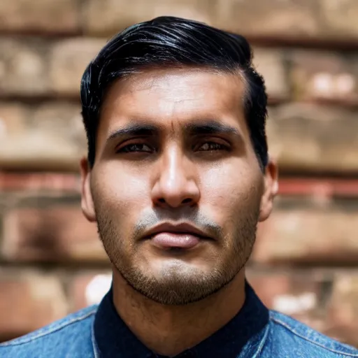 Image similar to close up of face of good looking 3 0 year old peruvian man with clean shaven face, no beard, thin face, skinny, very short straight black hair in a quiff style, color portrait, 4 k