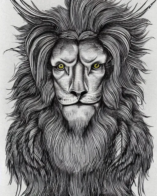 Image similar to a creature with the body and eyes of a man, beak of an eagle instead of the nose, the mane of a lion, two horns of an ox on the head. drawn by miura kentaro