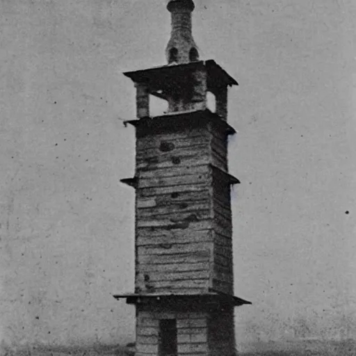 Image similar to grainy 1800s photo of a russian orthodox tower with a mechanical device on it harvesting electricity from the air