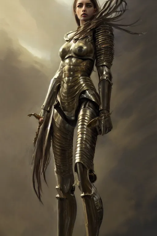 Image similar to a photorealistic painting of an attractive young girl, partially clothed in thick metal-plated battle armor, olive skin, long dark hair, beautiful bone structure, symmetric facial features, perfect eyes, intricate, elegant, natural posture, digital painting, concept art, finely detailed, illustration, sharp focus, minimal artifacts, from Metal Gear, by Greg Rutkowski, in the style of Ruan Jia and Mandy Jurgens and Artgerm and William-Adolphe Bouguerea, trending on Artstation, award winning