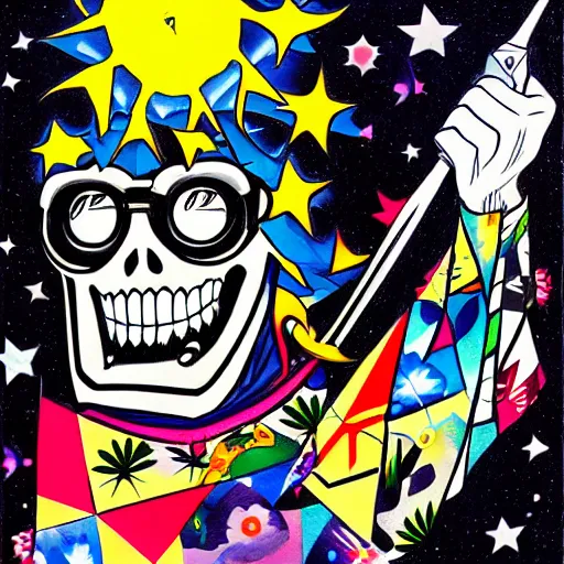 Prompt: grim reaper smiling while wearing star shaped sun glasses by Tomokazu Matsuyama, high detailed, illustration, traditional tattoo