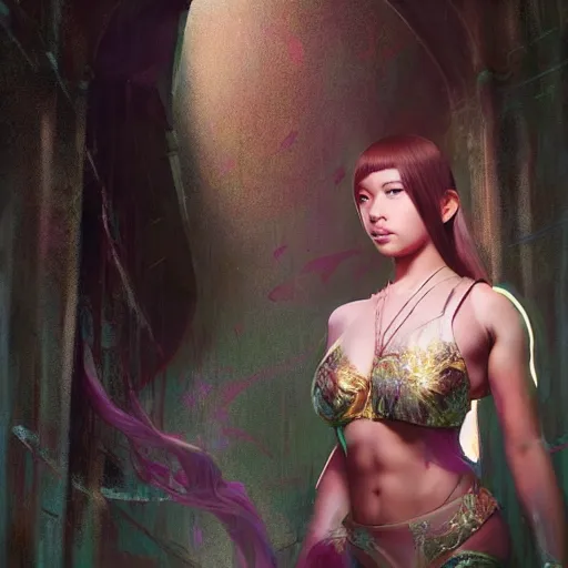 Image similar to dwayne johnson as a beautiful young girl in seductive clothing by ross tran, walking in a castle painted by sana takeda, rtx reflections, very high intricate details, painting, digital anime art, medium shot, mid - shot, composition by ilya kuvshinov, lighting by greg rutkowski