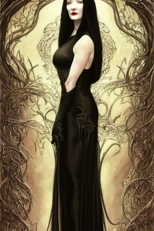 Image similar to catherine o'hara as morticia addams, masterpiece, intricate, elegant, highly detailed, digital painting, artstation, concept art, smooth, sharp focus, illustration, art by artgerm and greg rutkowski and alphonse mucha and uang guangjian and gil elvgren and sachin teng, symmetry!!