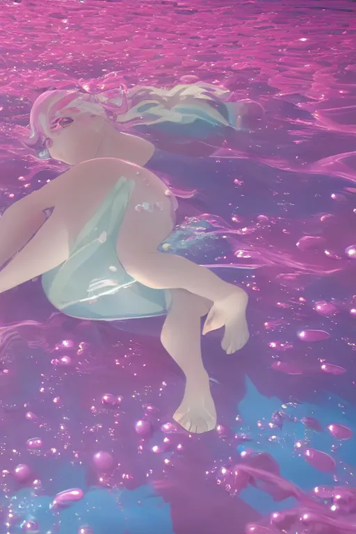 Prompt: 3D CG anime Land of the Lustrous Houseki no Kuni character Ventricosus translucent very pink jelly woman with thick chest bubbles and pink transparent dress frills floating at the bottom of the ocean near the surface, sun rays shine through the water, beautiful composition, 3D render, cel shaded, 8k, key visual, made by Haruko Ichikawa, Makoto Shinkai, studio Ghibli, Kyoto Animation