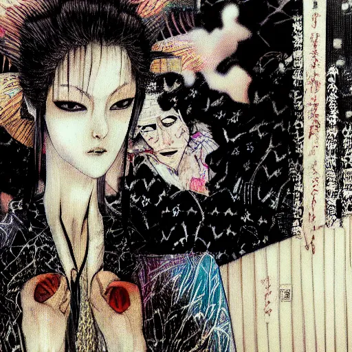 Prompt: yoshitaka amano blurred and dreamy realistic illustration of a woman with black eyes and white hair wearing dress suit with tie, junji ito abstract patterns in the background, satoshi kon anime, noisy film grain effect, highly detailed, renaissance oil painting, weird portrait angle, blurred lost edges, three quarter view