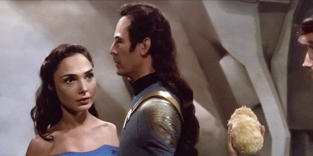 Prompt: Gal Gadot and a Tribble in a scene from Star Trek the original series