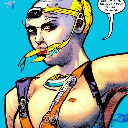 Image similar to tank girl comic, ultra detailed face, ukrainan flag