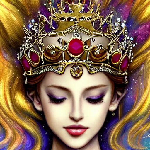 Image similar to a beautiful photorealistic queen's crown design made of platinum glowing in sparkles with heavenly notes neo rococo, diamond and ruby, highly detailed sailor moon aesthetic, fantasy, intricate, elegant, highly detailed, digital painting, artstation, concept art, matte, sharp focus, illustration, in the style of aetherpunk