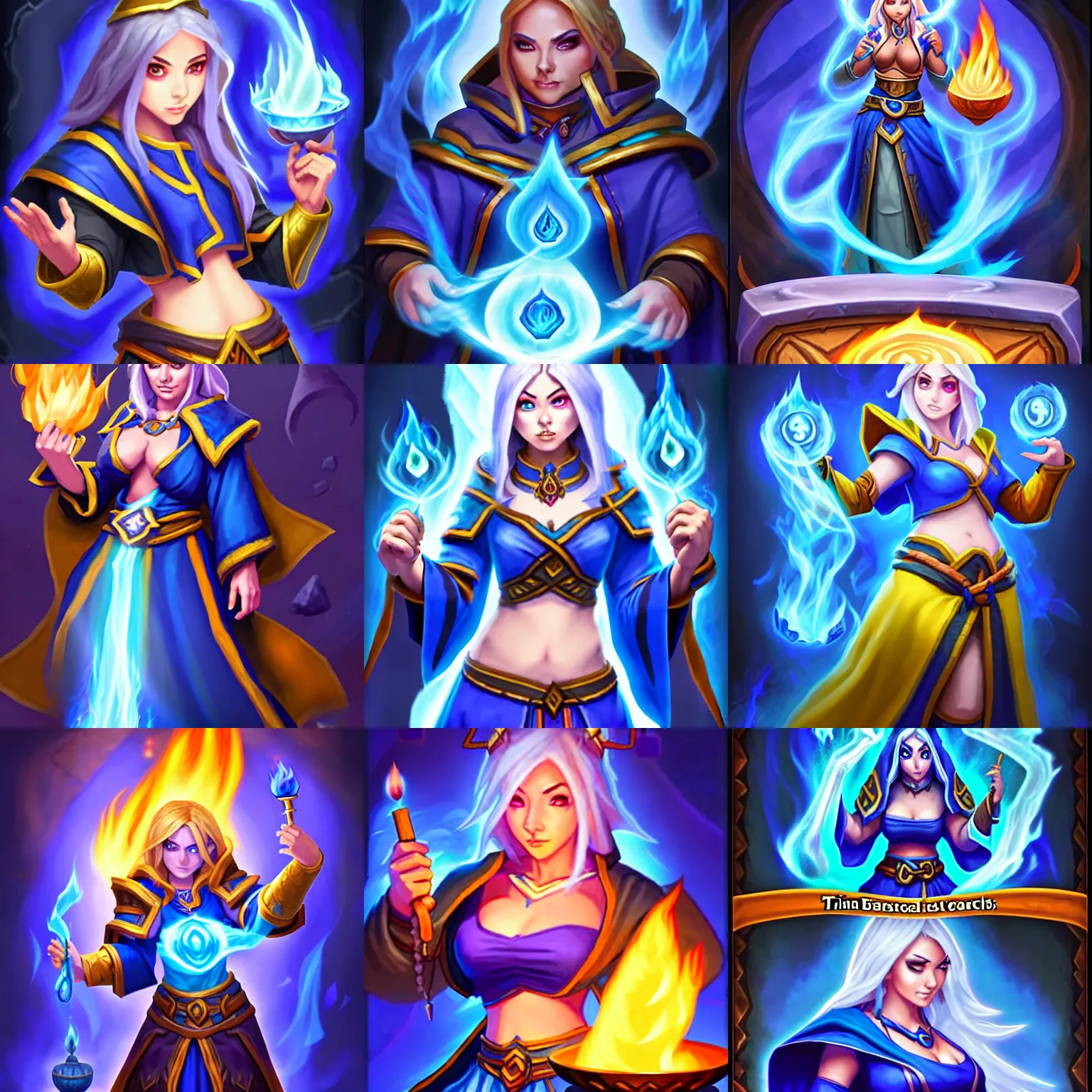 Prompt: a female mage with a blue robe and casting a fire spell, Hearthstone official splash art, tinyest midriff ever, largest haunches ever, fullest body, small head, melon shaped bust, SFW, SFW, perfect master piece, award winning