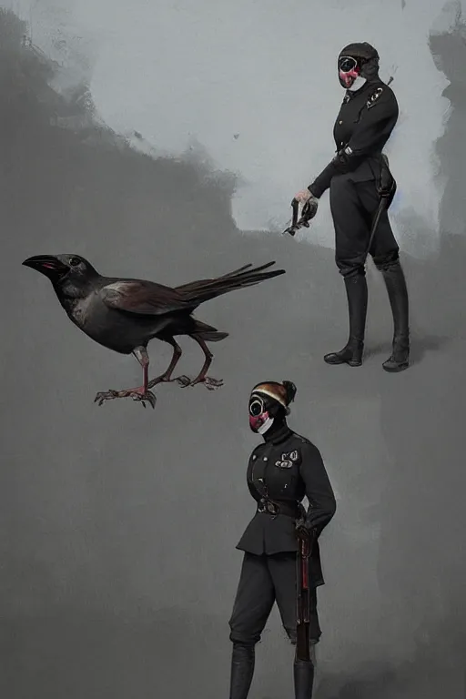 Image similar to ww 1 german female masked operative with the standard black uniform and a white porcelain crow mask, artstation, trending on artstation, establishing shot, by simon stalenhag