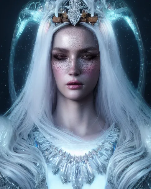 Image similar to beauteous sumptuous dark empress with incredible iridescent pearlescent voluminous hair, photorealistic crystalline masterpiece incrustations, hyperdetailed kind face, elegant pose, movie still, cinematic forest lighting, intricate accuracy, octane render, cgsociety, artgerm, unreal engine, crepuscular rays, god rays