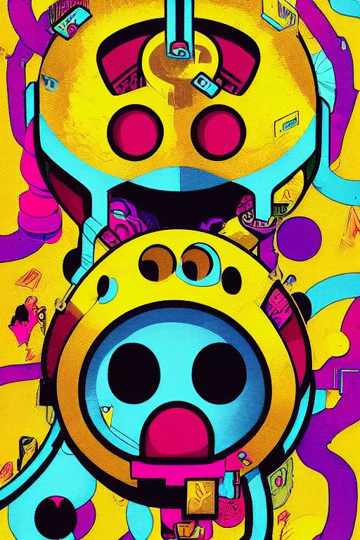 Image similar to portrait of pacman in the style of Rob Lefield and Dan Mumford , trending on artstation, digital art,surrealism ,macro,blueprint ,vaporwave ,