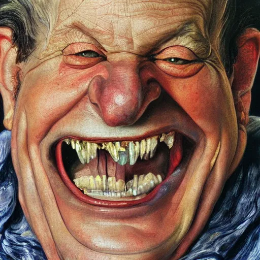 Image similar to high quality high detail painting by lucian freud, hd, a laughing monster, photorealistic lighting