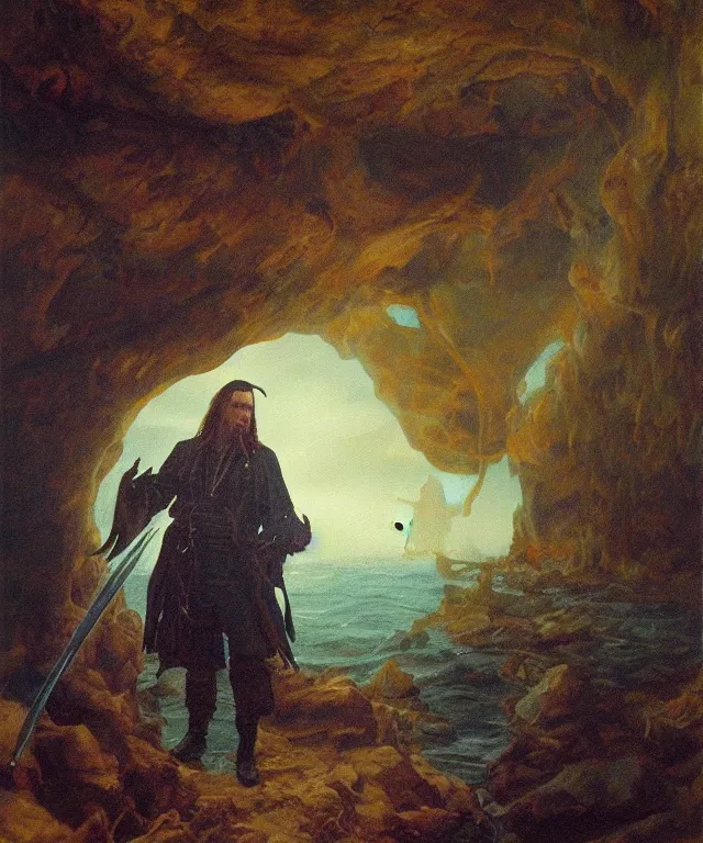 Image similar to ultra realistic color portrait painting of an ghostly 1 7 th century pirate with a sword in a grotto, dark, painted, brooding, atmospheric, seascape, horror, smooth, epic, highly detailed, cinematic, by clyde caldwell