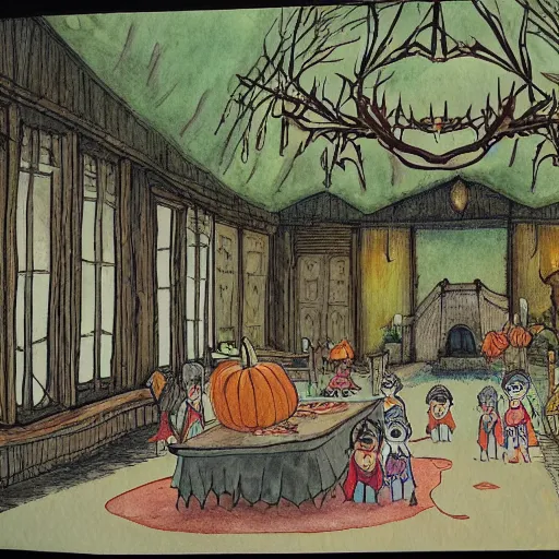 Image similar to interior, the hall in the castle decorated for halloween, in a small clearing among trees, drawn by hayao miyazaki, watercolor illustration for a book