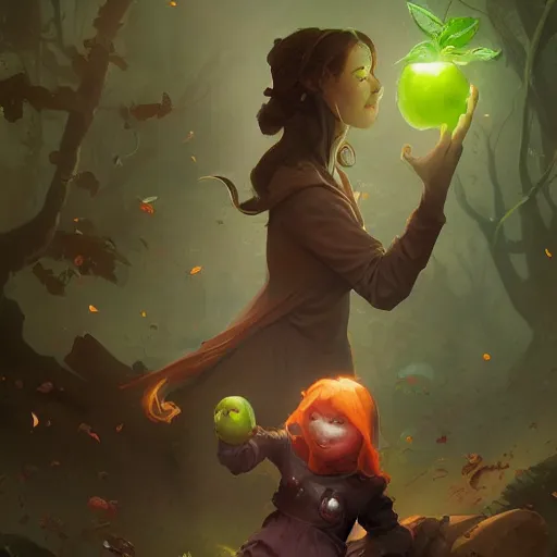 Image similar to a girl accepting an apple from a green skinned witch, by Jordan Grimmer and greg rutkowski, crisp lines and color,