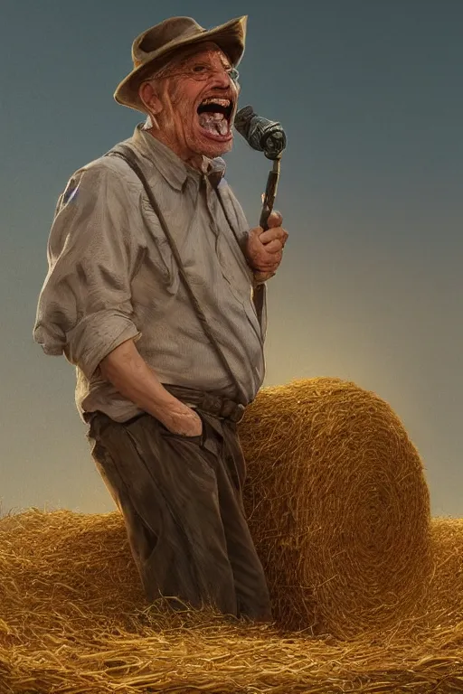 Image similar to an old man yelling at a pile of hay, realistic painting, symmetrical, highly detailed, digital painting, artstation, concept art, smooth, sharp focus, illustration, cinematic lighting, art by artgerm and greg rutkowski and alphonse mucha