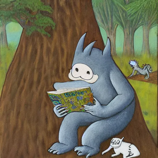 Image similar to monster reading a book in a forest, where the wild things are, bicycle nearby, oil on canvas, calm, maurice sendak