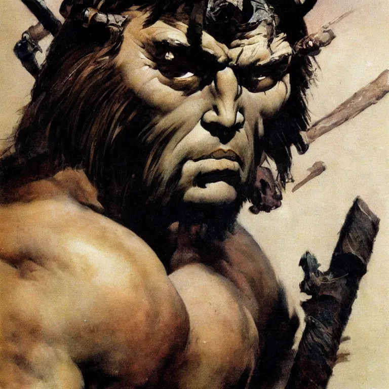 Prompt: closeup portrait of a barbarian by frank frazetta, head facing directly front on