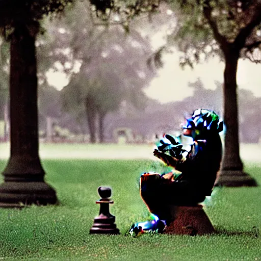 Image similar to portrait photo of a monkey playing chess in a park by annie liebovitz,