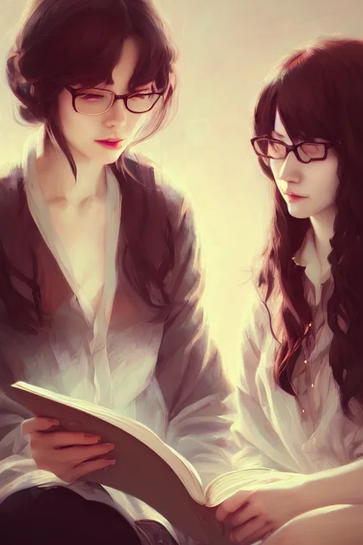 Image similar to portrait of two wise and very beautiful women reviewing some texts, art by guweiz, intricate, elegant, highly detailed, smooth, sharp focus, artstation