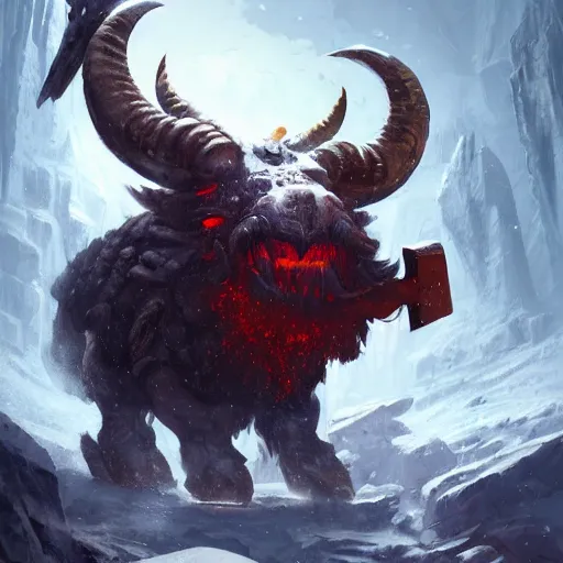 Prompt: ornn with beard the molten god ram of forge with his anvil in the ice world by greg rutkowski