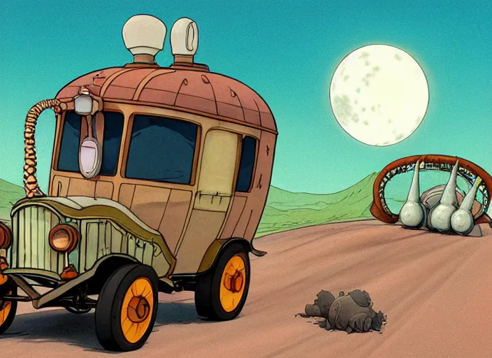 Image similar to a cell shaded cartoon of a lovecraftian snail stage coach from howl's moving castle ( 2 0 0 4 ), on a desert road, in front of a pale full moon, full body, wide shot, very dull muted colors, studio ghibli, highly detailed, deviantart, art by artgem