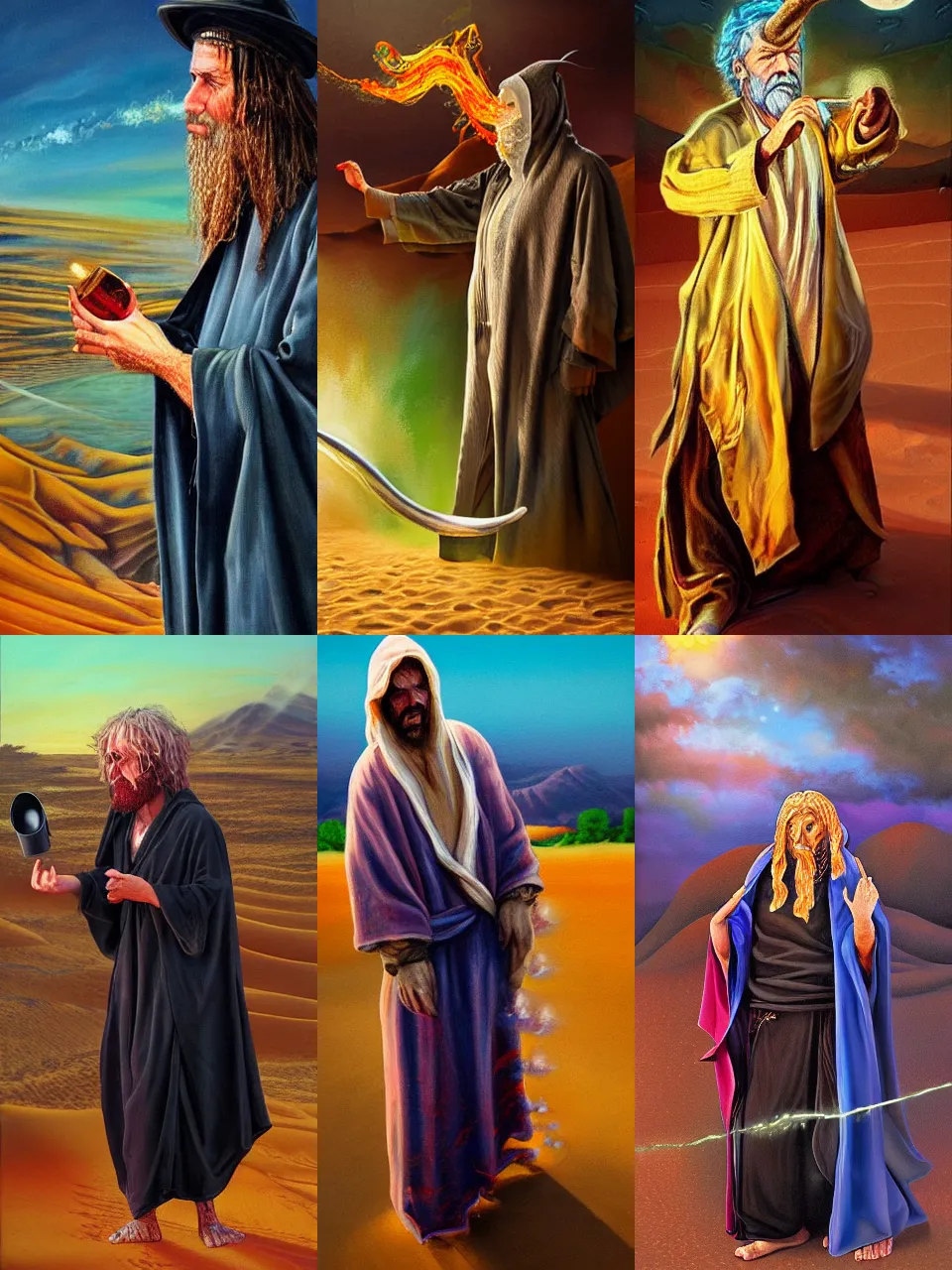 Prompt: highly detailed realistic painting of grim disheveled robed artist sorcerer casting liquid color magical spell in desert surroundings