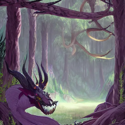 Prompt: concept art painting of an anthropomorphic dragon king with robes, a long dragon neck, and horned skull mask, in a deep forest, cel shaded, in the style of makoto shinkai and james gurney and studio ghibli and moebius