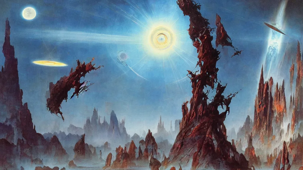 Image similar to journey to the center of the universe by frank frazetta and bruce pennington, cinematic matte painting