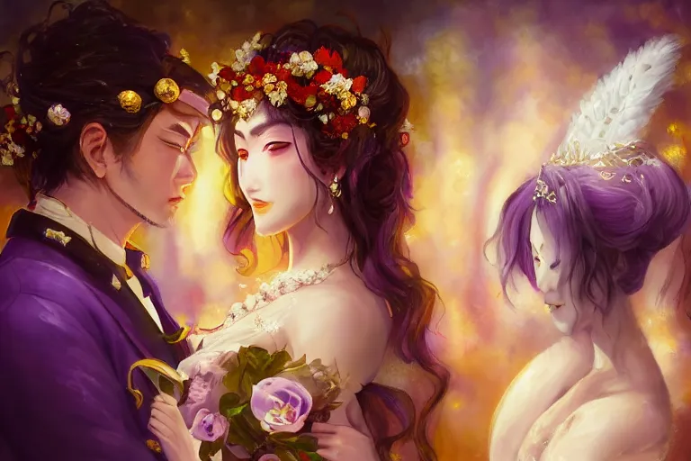 Image similar to a cinematic portrait of wedding photograph jpeg close up moment of a divine a japan sun god and moon goddess lovers magician at a wedding banquet. portraiture. digital painting. artstation. concept art. wedding photo. digital painting. violet evergarden art masterpiece by art by krenz cushart