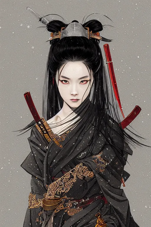 Prompt: portrait black hair samurai girl, armored samurai wardrobe, in fired honnoji temple rainy night, ssci - fi and fantasy, intricate and very very beautiful and elegant, highly detailed, digital painting, artstation, concept art, smooth and sharp focus, illustration, art by tian zi and wlop and alphonse mucha