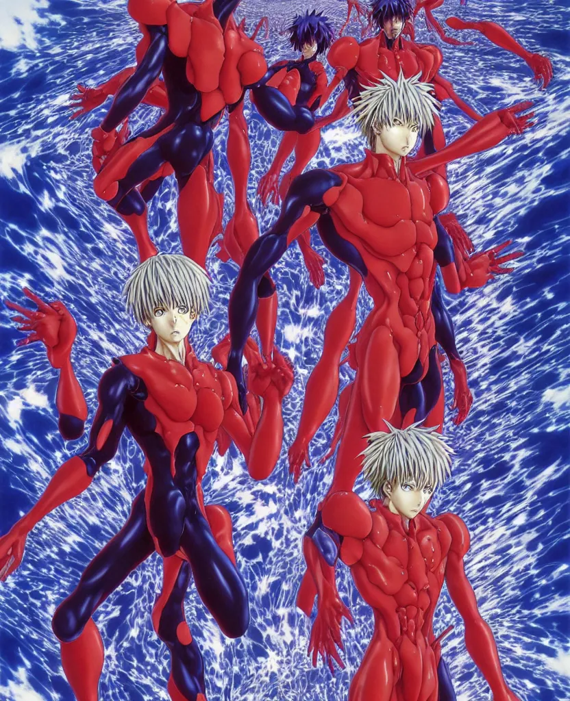 Image similar to symmetrical. realistic detailed image of third impact, realistic detailed male character, kaworu nagisa, depth perception, masterpiece, depth of field, action horror, gothic, vivid colors. art by yoshitaka amano, by yukito kishiro, by yoshiyuki sadamoto, by artgerm, by hajime sorayama