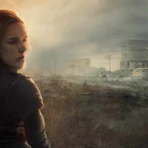 Image similar to fallout 5, charismatic beautiful rugged blonde female protagonist, portrait, outdoors ruined cityscape, atmospheric lighting, painted, intricate, volumetric lighting, beautiful, foggy, daytime, slight overcast weather, sharp focus, deep colours, ultra detailed, by leesha hannigan, ross tran, thierry doizon, kai carpenter, ignacio fernandez rios