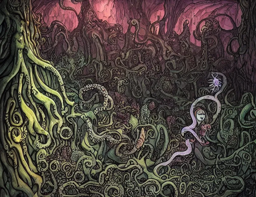 Image similar to an adventurer in a lovecraftian eldritch cave with crystals and plants. this ink painting by the award - winning cartoonist has dramatic lighting, an interesting color scheme and great sense of depth.