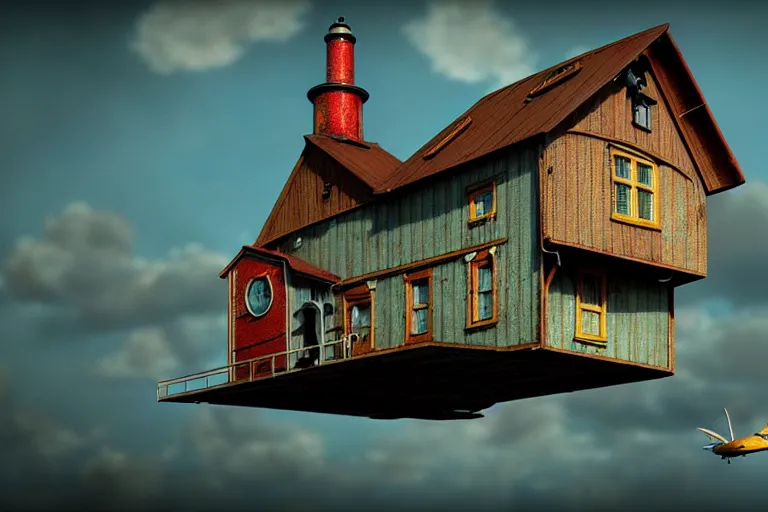 Image similar to photorealistic flying house, many details, Ultra detailed, octane render, by Alexander Jansson