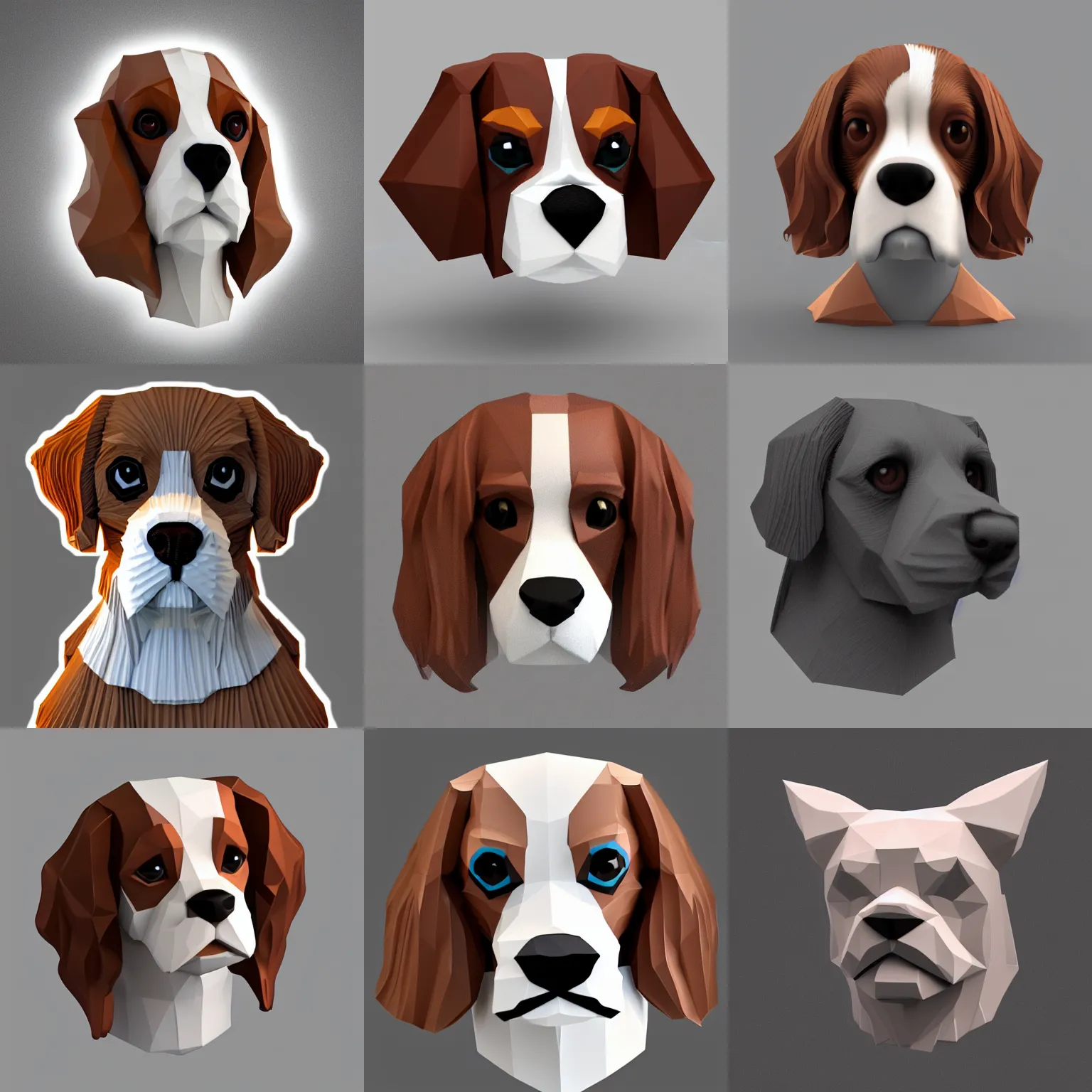 Prompt: cavalier spaniel face, low poly 3 d render, soft colors, soft shadows