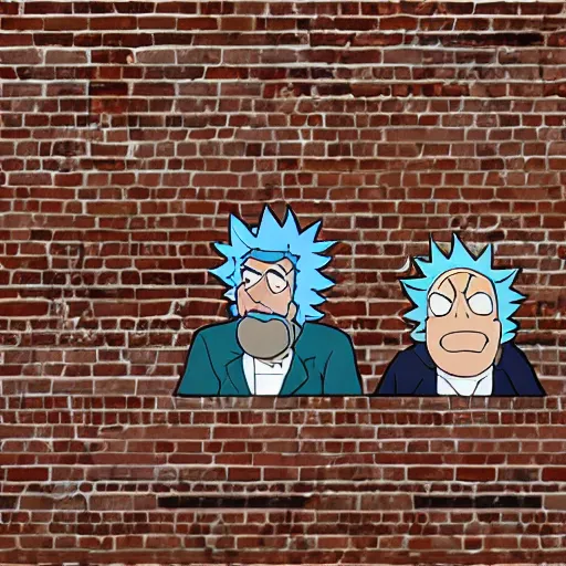 Image similar to a wall of bricks with rick Sanchez’s face and in between the bricks is mortar with Morty smith’s face