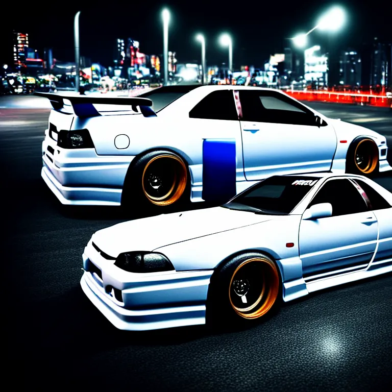 Image similar to a car Nissan R33 GTR twin turbo drift at illegal car meet, Shibuya prefecture, city midnight mist lights, cinematic lighting, photorealistic, highly detailed wheels, high detail