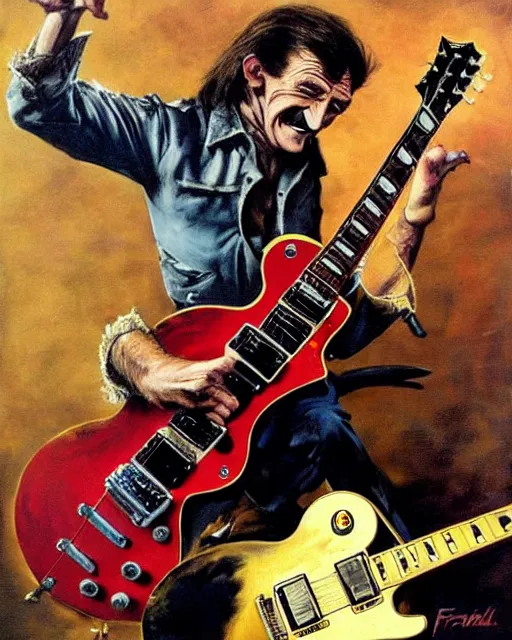 Image similar to Barry Chuckle ripping a solo on a Gibson Les Paul, heavy metal artwork by Frank Frazetta