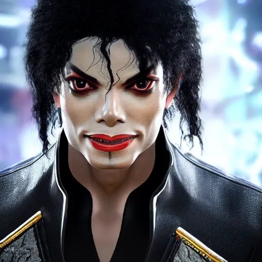 Image similar to a videogame still of Michael Jackson in Tekken 7, portrait, 40mm lens, shallow depth of field, close up, split lighting, cinematic