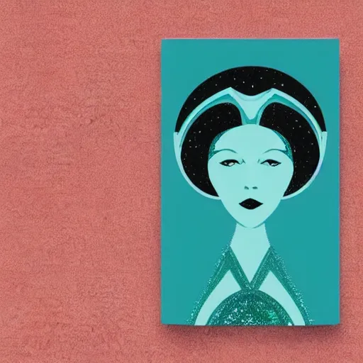 Image similar to art deco of a space woman, teal pallette, random