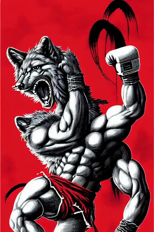 Image similar to extreme long shot. 8 bit nes graphics. antropomorphic muscular masculine wolf. kickboxer fighter, in shorts. streetfighter. wolf head. fine details, very sharp, art from nes game cartridge, vhs colors, vaporwave style, marc simonetti and hermann nitsch