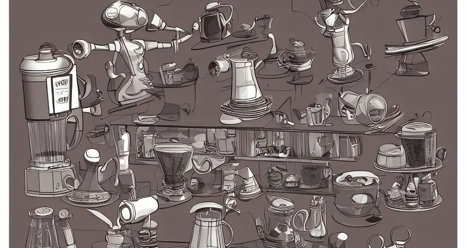 Prompt: a highly complex drip coffee maker in the futuristic era kitchen, jetsons design style, in the style of hownosm and james jean, ultimate collab, epic, digital art, 3 d, h 9 6 0