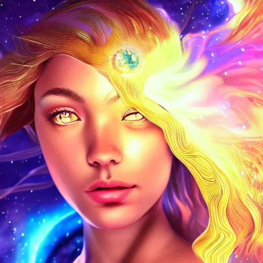 Image similar to highly detailed close up portrait of a celestial girl with a body made of cosmic energy, character art, studio lightning, bright colors, intricate, masterpiece, photorealistic, hiperrealistic, sharp focus, high contrast, Artstation HQ, DeviantArt trending, 4k UHD, Unreal Engine 5