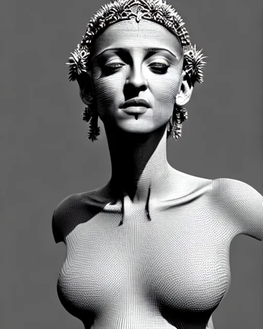 Prompt: bw 3 d render of a beautiful young madonna female queen - cyborg - vegetal, intricate fractal ornament in the bust with a very long neck, elegant, highly detailed intricate rococo ornament in her silver long hair, realistic, refined, highly detailed, cinematic outdoor lighting, by flora borsi in the style of dora maar, volumetric lighting, hyper realistic photography