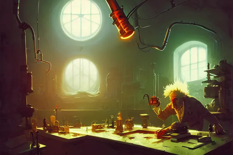 Image similar to mad scientist by otto dix and greg rutkowski and andreas rocha, cinematic lighting, highly detailed, warm colours, 4 k